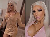 Žena se mění do podoby panenky Barbie. Žena se mění do podoby panenky Barbie.