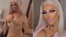 Žena se mění do podoby panenky Barbie. Žena se mění do podoby panenky Barbie.