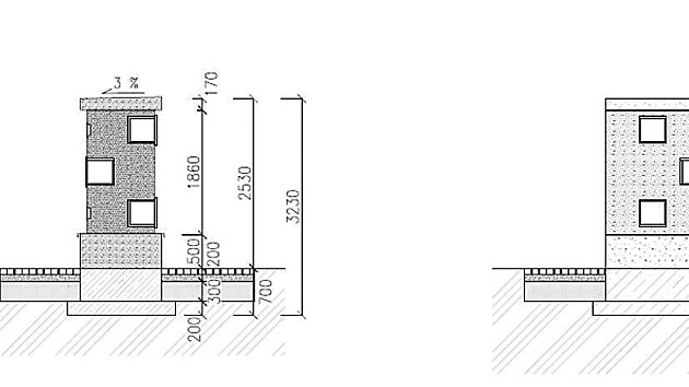 Plán stavby hliněného kolubária na hřbitově v Mořicích na Prostějovsku od absolventa FA VUT Brno Jana Peřiny.