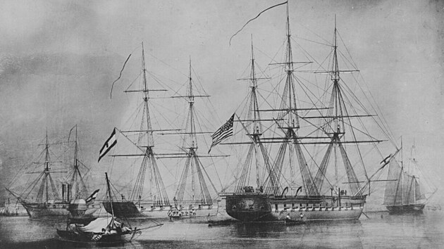 Smyrna v lt 1853. Americk alupa St. Louis a rakousk briga Hussar v bojovch pozicch