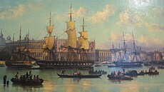 Benátský pístav na zaátku 60. let 19. století. Uprosted fregata Novara po...