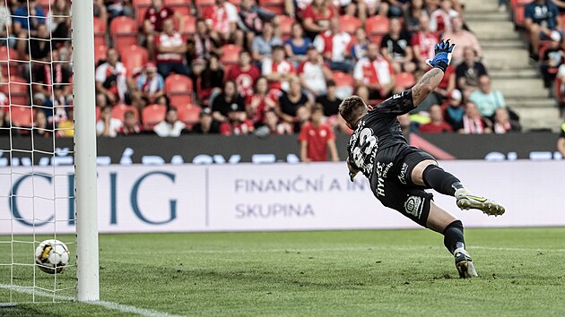 Pardubický brankář Viktor Budinský inkasuje gól v utkání proti Slavii.