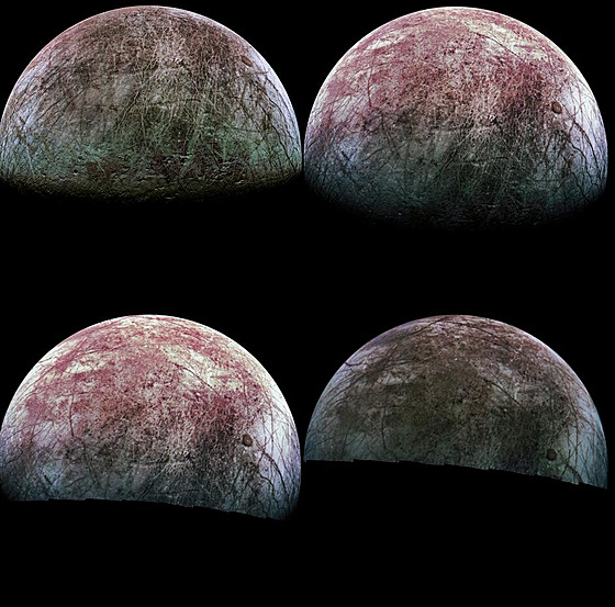 Kompozice snímk msíce Europa, které zachytila sonda Juno pi prletu 29. záí...