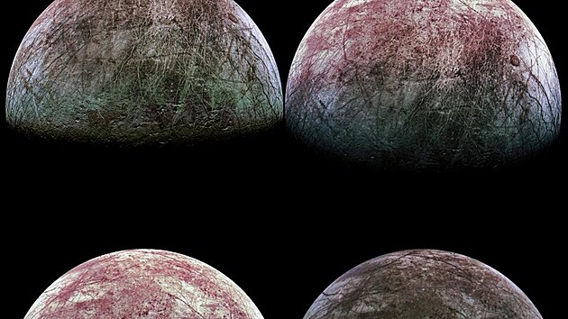 Kompozice snmk msce Europa, kter zachytila sonda Juno pi prletu 29. z 2022.