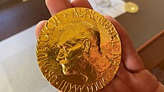 Replika medaile Nobelovy ceny je vystavena v norském Nobelov institutu v Oslu....