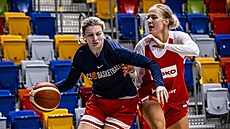 Petra Malíková (vlevo) útoí na tréninku eských basketbalistek kolem Petry...