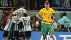 Fotbalisté Argentiny slaví gól v osmifinále mistrovství svta, Riley McGree z...