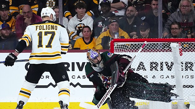 Brankář Arizony Karel Vejmelka vyráží pokus Nicka Foligna z Bostonu. Brankář Arizony Karel Vejmelka vyráží pokus Nicka Foligna z Bostonu.