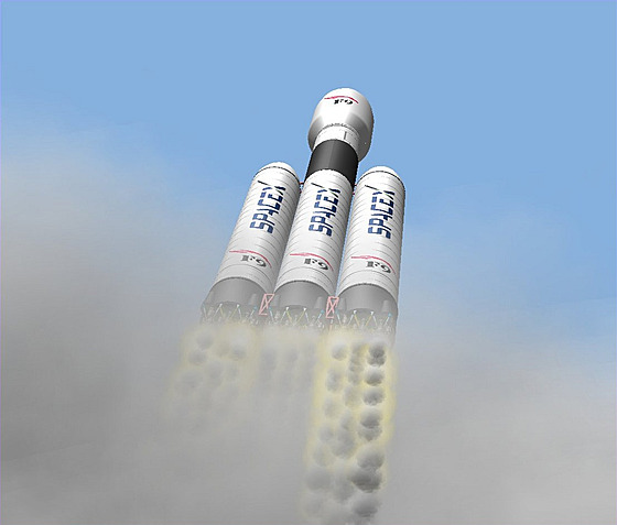 Falcon 9 Heavy se zaehnutým prvním stupnm v pedstav ilustrátora