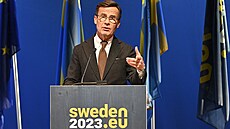 védský premiér Ulf Kristersson s logem védského pedsednictví v Rad EU (13....
