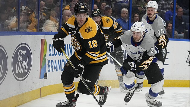 Pavel Zacha z Bostonu útočí v utkání proti Tampě. Pavel Zacha z Bostonu útočí v utkání proti Tampě.