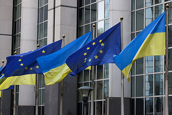 Nkolik ukrajinských vlajek visí ped budovou Evropského parlamentu. (24. února 2023)