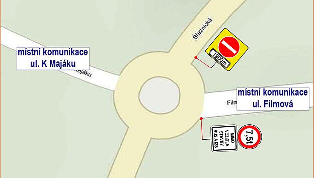 Z kruhového objezdu U Majáku se řidiči dostanou do Zlína pouze po objízdné trase přes ulici Fillmová a Kudlov. Březnická ulice bude pro tento směr uzavřena. (březen 2023)