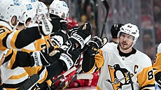 Útoník Sidney Crosby z Pittsburghu slaví se spoluhrái svj gól.