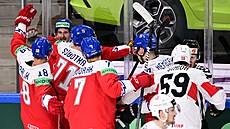 etí hokejisté oslavují gól Romana ervenky proti výcarsku