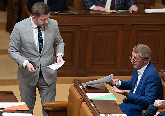 Ministr vnitra Vít Rakuan a pedseda ANO Andrej Babi ve Snmovn
