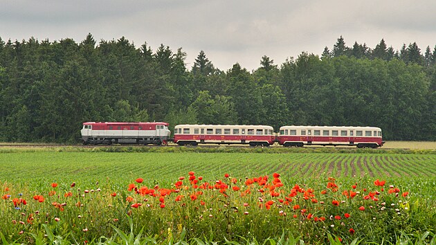 Vlčí máky, jeden z poslů začínajícího léta, sekundují v Mokrovratech průjezdu lokomotivy T478.2006 s dvojicí přívěsných vozů řady Balm na trase Praha–Dobříš.