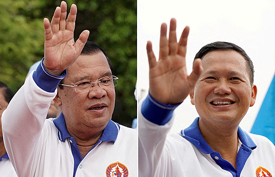 Kambodský premiér Hun Sen (vlevo) a jeho vyvolený nástupce Hun Manet