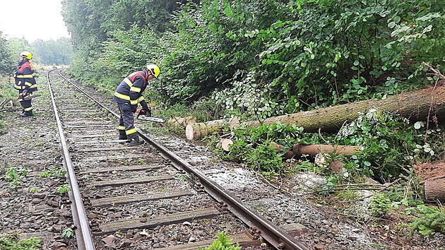 Drážní hasiči likvidují následky bouře na železnici. (27. srpna 2023)