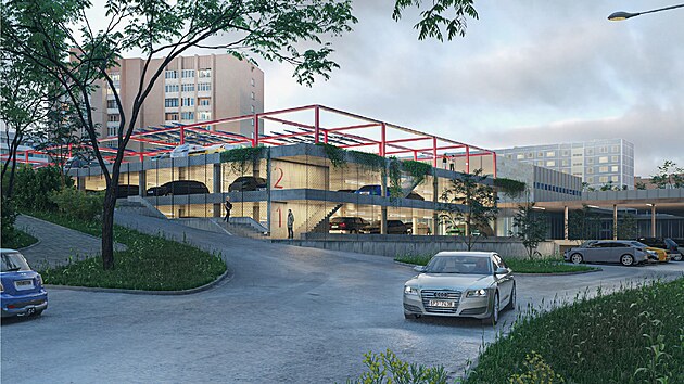 Vizualizace třípodlažního objektu určeného k parkování automobilů. Vyrůst má u obchodního centra Atom v Plzni.