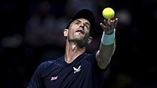 Brit Andy Murray servíruje v zápase Davis Cupu proti výcarsku.