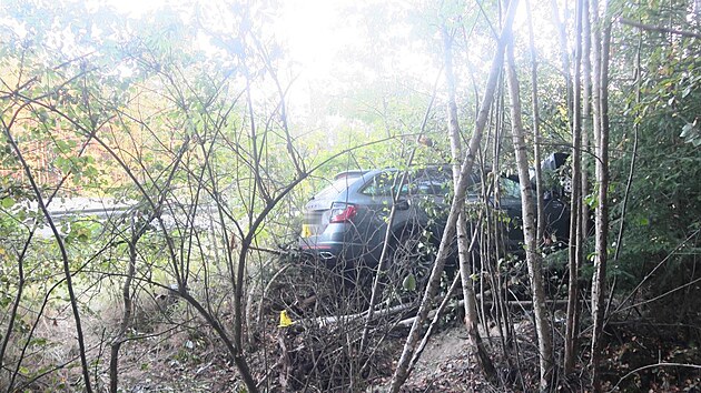 Místo na dálnici D6, kde havaroval muž podezřelý z vraždy spáchané v Dalovicích. Policie ho našla u vozu mrtvého, patrně se sám zastřelil.