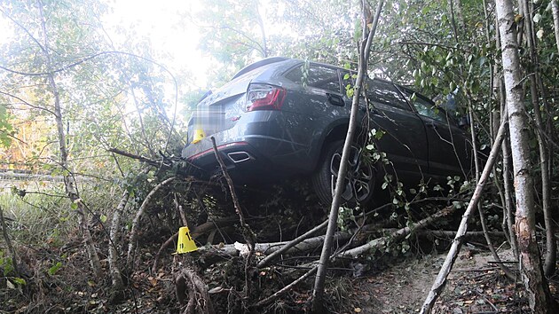 Místo na dálnici D6, kde havaroval muž podezřelý z vraždy spáchané v Dalovicích. Policie ho našla u vozu mrtvého, patrně se sám zastřelil.