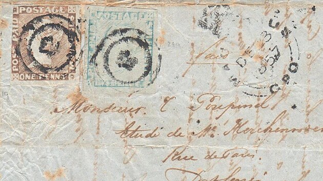 Dopis se znmkami Mauritius POST PAID 1 penny erven a 2 pence modr mauritius. Dochovaly se jen ti takov, jeden z nich vlastn Jaromr Petk.