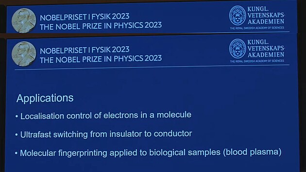 Mon vyuit experiment, za kter ti vdci obdreli Nobelovu cenu za fyziku za rok 2023: 
- Kontrola umstn elektron v molekule
- Ultrarychl polovodiov pepnn z izolantu na vodi
- molekulrn otisky prst aplikovan na biologick vzorky (krevn plazma)