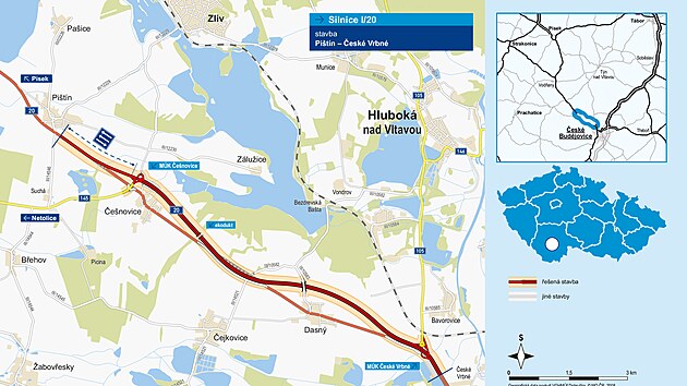 Trasa budoucího obchvatu na mapě Ředitelství silnic a dálnic.