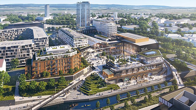 Vizualizace budouc&iacute; podoby olomouck&eacute; multifunkčn&iacute; čtvrtě &Scaron;antovka District, kter&aacute; vznikne u st&aacute;vaj&iacute;c&iacute; n&aacute;kupn&iacute; Galerie &Scaron;antovka. Dominantou m&aacute; b&yacute;t v&yacute;&scaron;kov&aacute; budova &Scaron;antovka Tower (v pozad&iacute;), Ml&yacute;nsk&yacute; potok překlenou l&aacute;vky.
