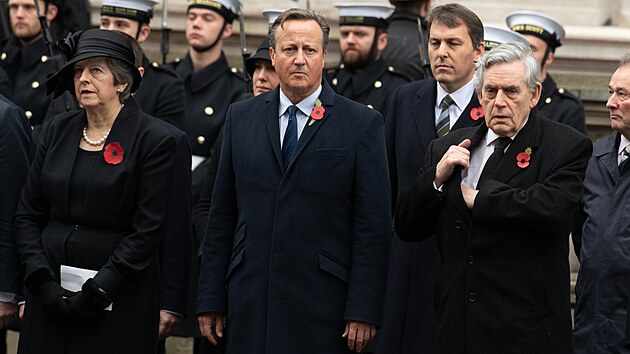 Zleva Theresa Mayov, David Cameron a Gordon Brown pi Remembrance Sunday (12. listopadu 2023)