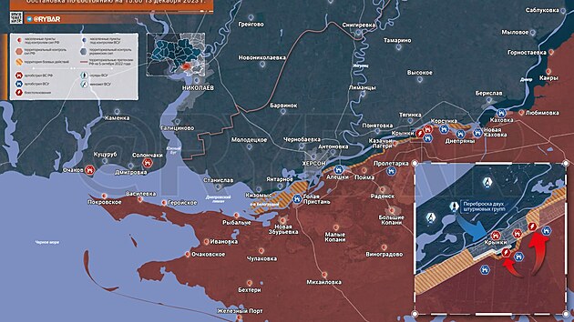 Ukrajinsk pedmost na levm behu Dnpru na map ruskho blogera Rybara (12. prosince 2023)