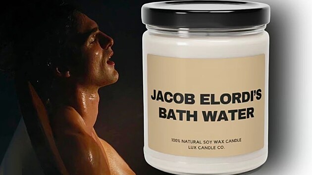 Jacob Elordi a svka s vn vody z koupelov scny, v ni ve filmu Saltburn masturboval.