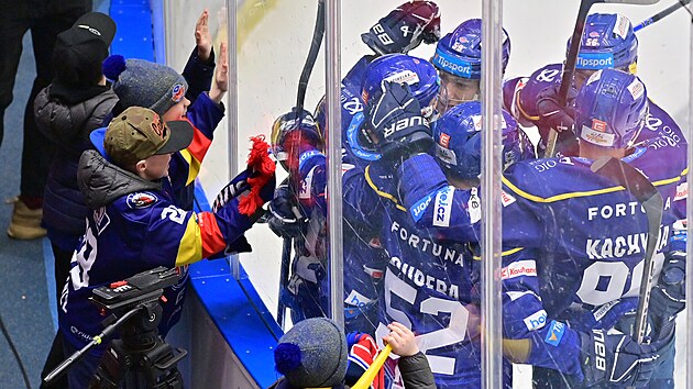 Hokejisté Českých Budějovic se radují po vstřeleném gólu do sítě Pardubic.