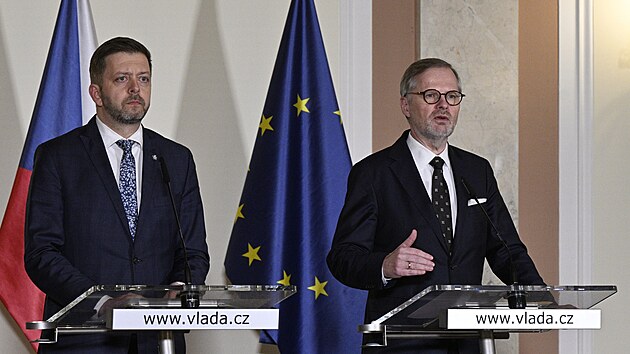 Ministr vnitra Vt Rakuan a premir Petr Fiala na tiskov konferenci po jednn Bezpenostn rady sttu 31. ledna 2024