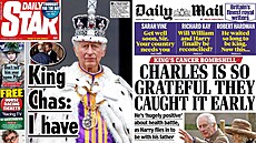 Titulní stránky britských novin plní zprávy o králi Karlu III. (6. února 2024).
