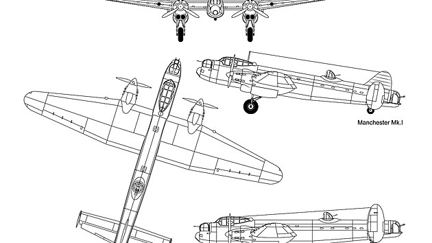 Tpohledov vkres bombardru Avro Manchester Mk.I plus bokorys verze Mk.IA