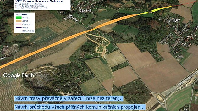 Vizualizace vysokorychlostní železniční trati u Přerova