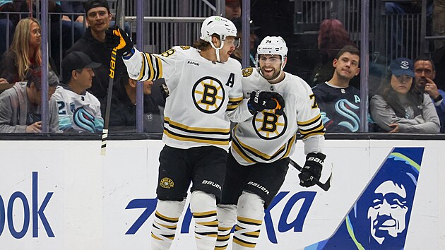 David Pastrk (88) a Jake DeBrusk (74) oslavuj gl Boston Bruins.