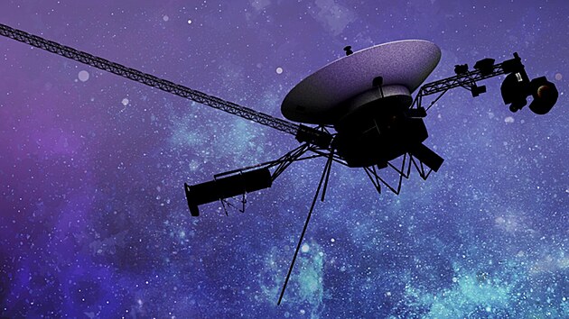 Ilustrace sondy Voyager 1 v kosmickém prostoru
