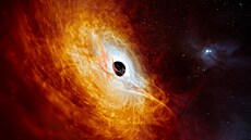 Ilustrace rekordního kvasaru J059-4351 s jasným jádrem vzdálené galaxie se...