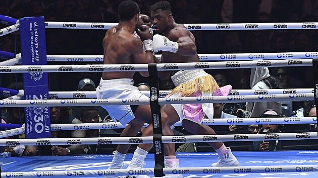 Boxer Anthony Joshua (vlevo) se kryje ped vpadem Francise Ngannoua bhem souboje v Rijdu.