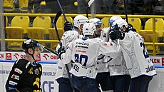 Plzetí hokejisté se radují z gólu Tima Söderlunda proti Litvínovu.