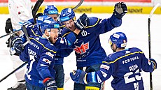 Hokejisté eských Budjovic se radují z gólu ve druhém utkání pedkola.