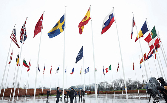 Bhem slavnostního ceremoniálu byla vztyena u sídla NATO v Bruselu védská...