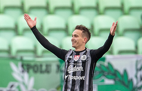 Jan Suchan z eských Budjovic slaví gól do sít Karviné.