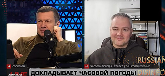 Ruský propagandista Vladimir Solovjov (vlevo) a meteorolog Jevgenij Tikovec