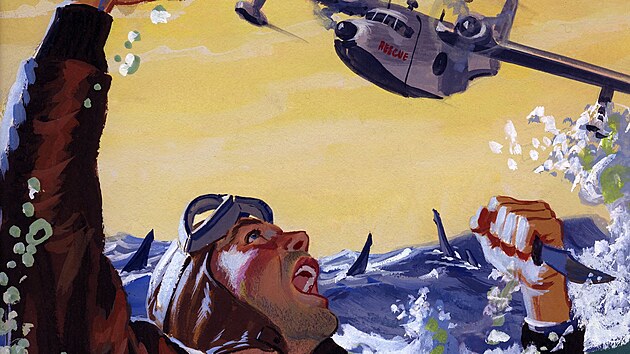 Malba pro noviny americk armdy Stars and Stripes zobrazuje sestelenho pilota americkho armdnho letectva, kter se brn noem proti ralokm a mv na krouc zchrann letadlo Consolidated PBY Catalina v roce 1944 kdesi v Tichm ocenu.