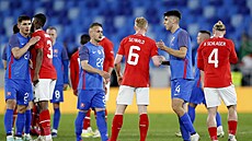 Fotbalisté Rakouska (v erveném) a Slovenska po utkání.